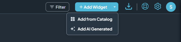 Reveal360 header showing the Add Widget menu with options